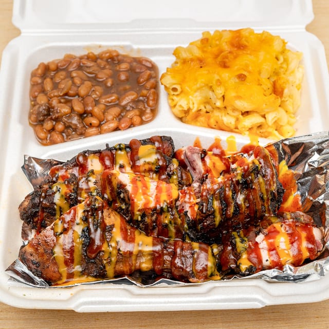 Jerk Chicken N Beans N Mac ' Cheese.